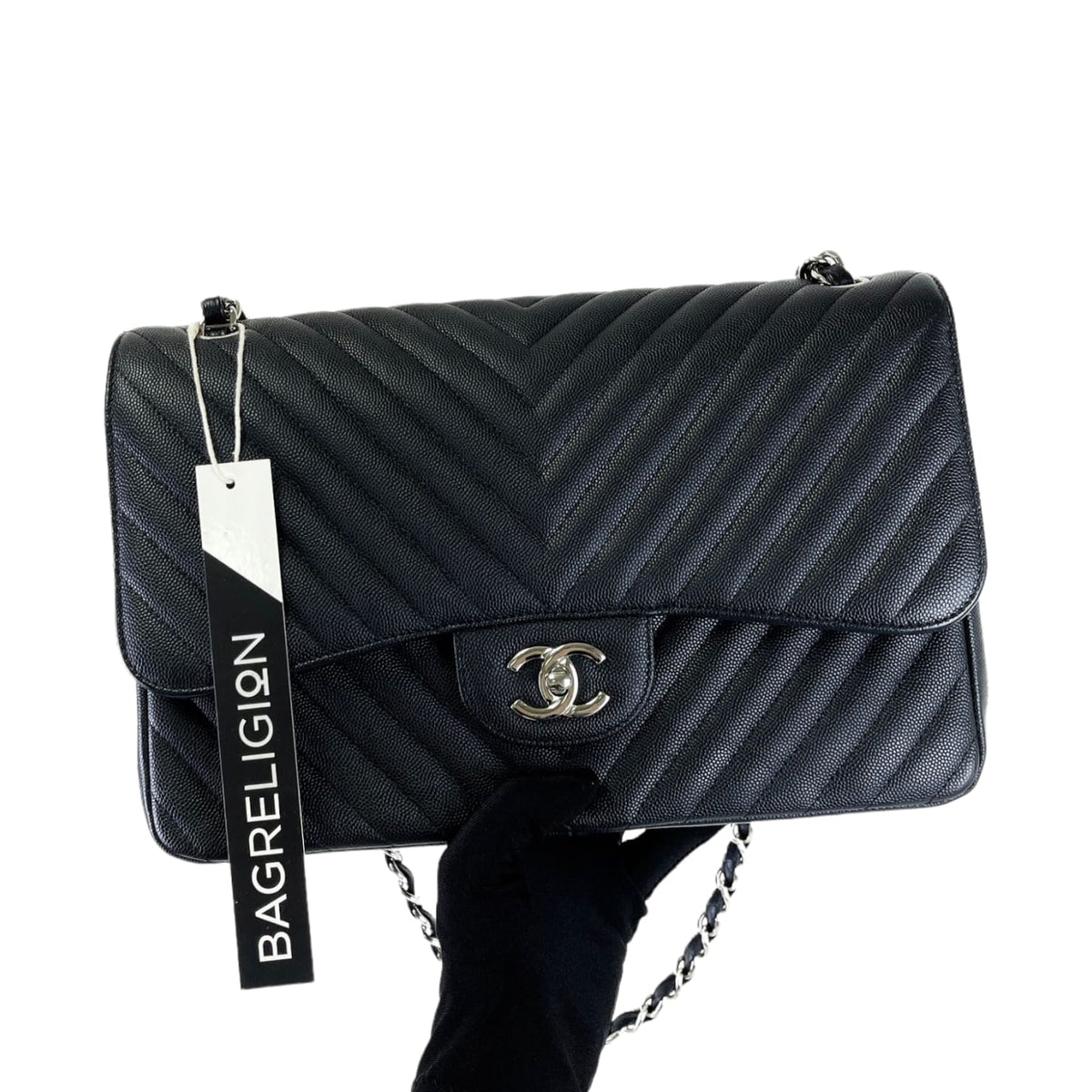 Jumbo Classic Flap Caviar Black Chevron SHW