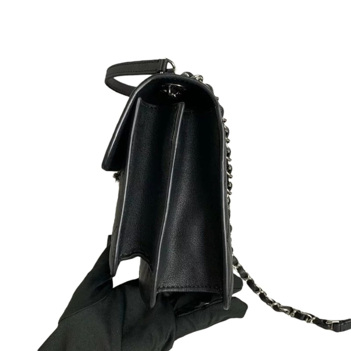 Large CC Box Flap Quilted Grained Calfskin Black SHW