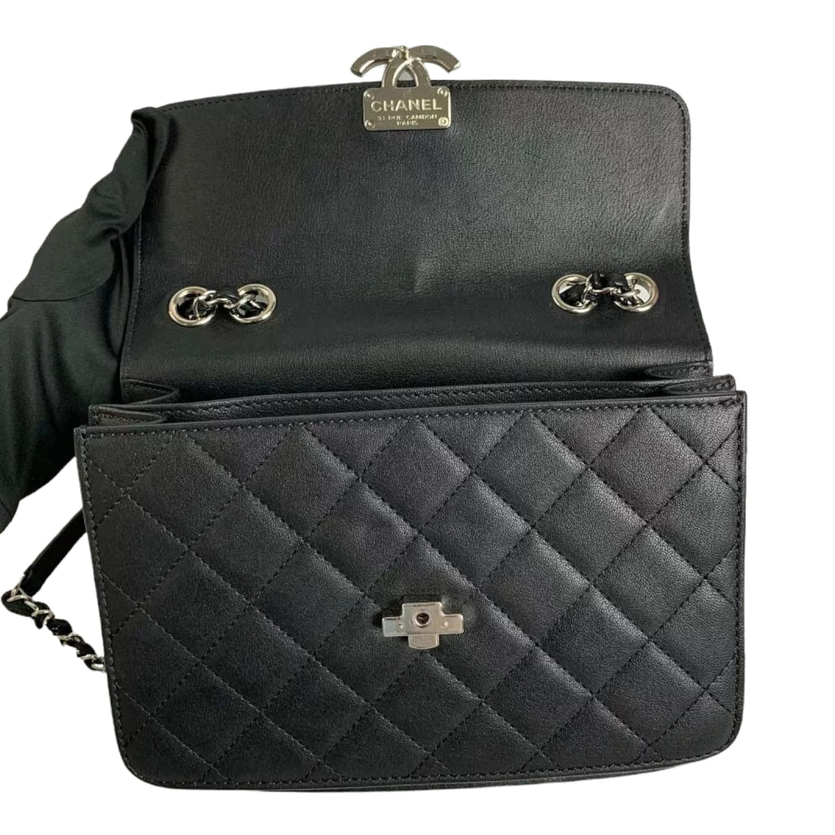 Large CC Box Flap Quilted Grained Calfskin Black SHW