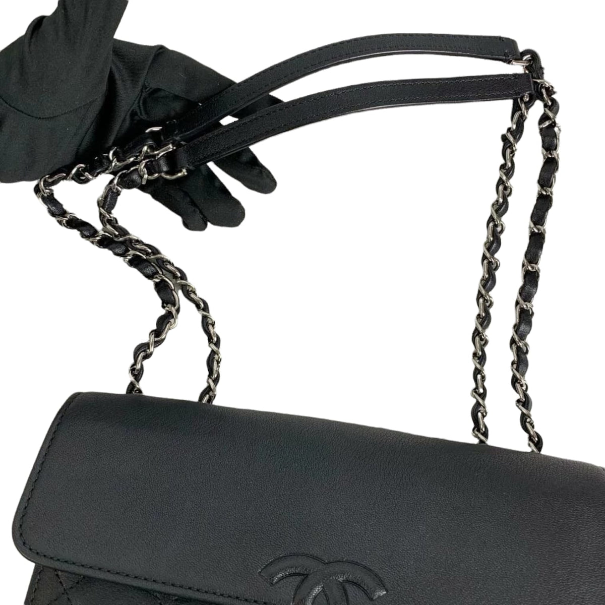 Large CC Box Flap Quilted Grained Calfskin Black SHW