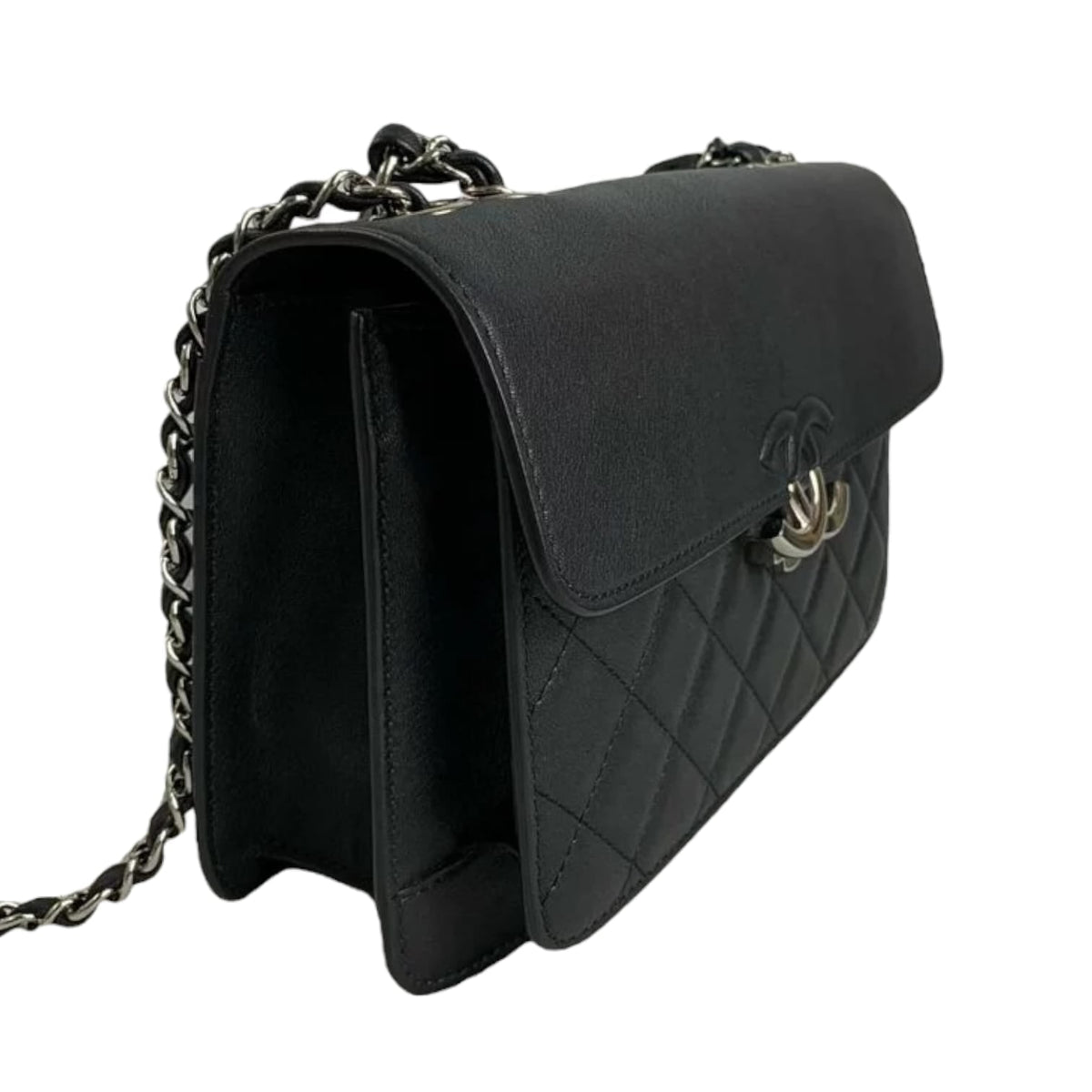 Large CC Box Flap Quilted Grained Calfskin Black SHW