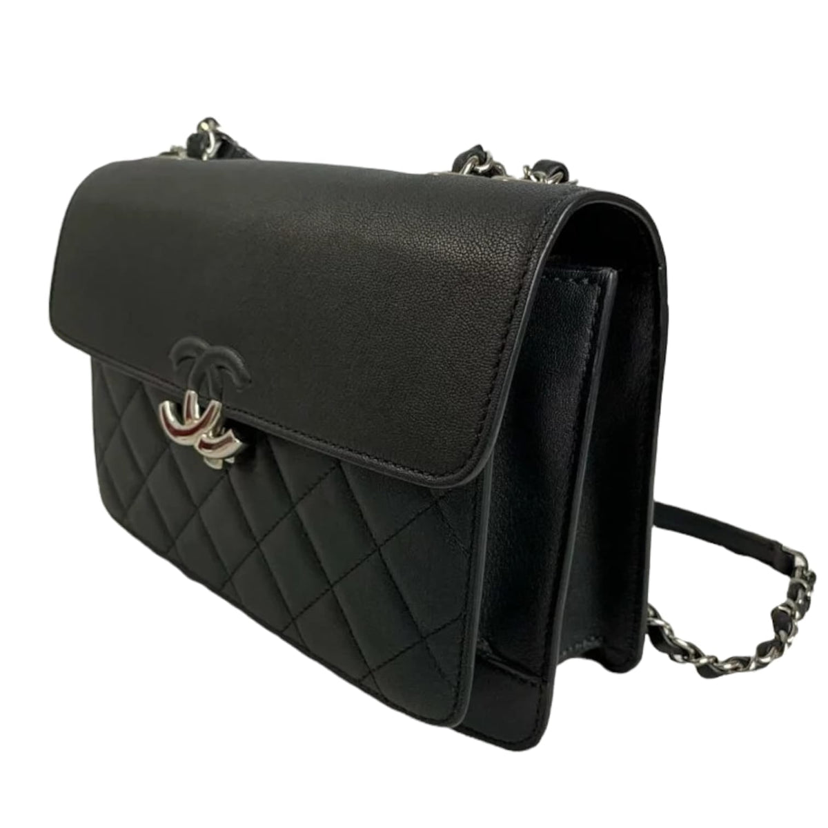 Large CC Box Flap Quilted Grained Calfskin Black SHW