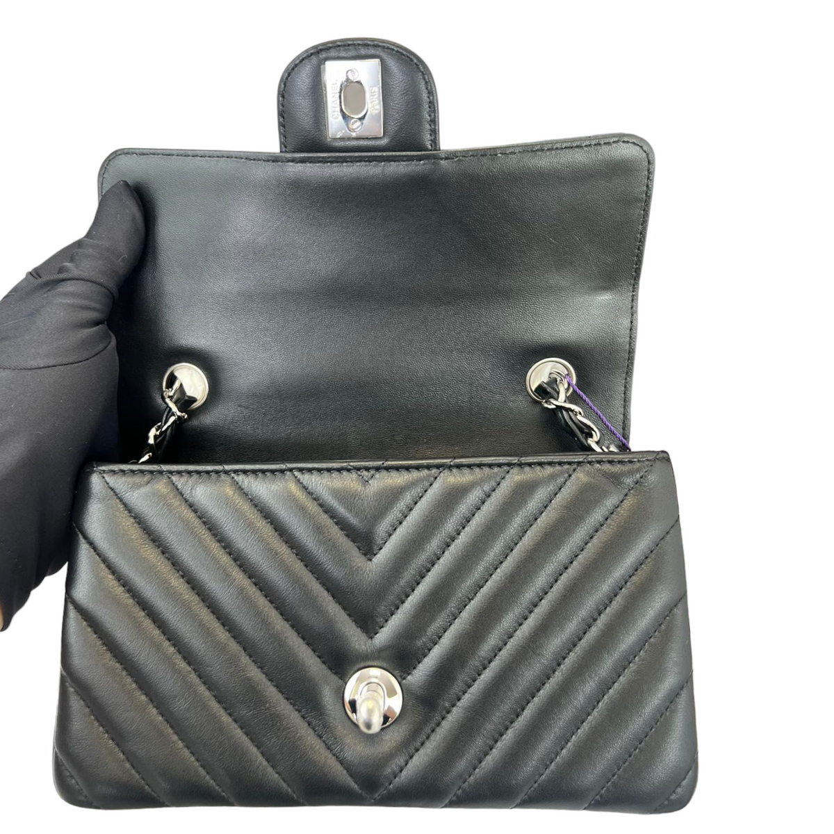 Mini Rectangular Flap Black Lambskin Chevron Quilted SHW