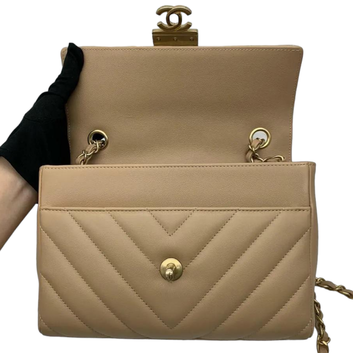 Calfskin Quilted Chevron In The City Bag Beige GHW