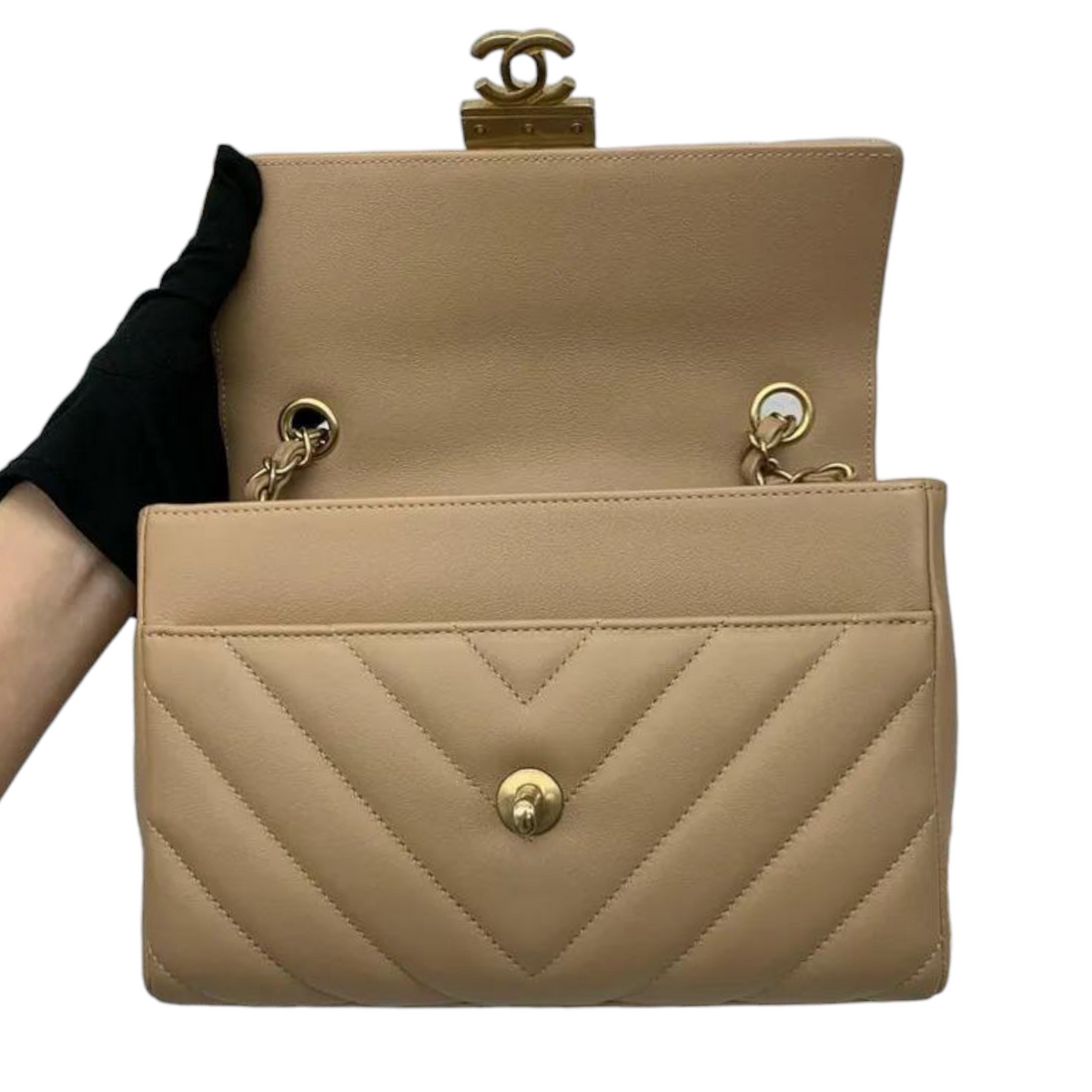 Calfskin Quilted Chevron In The City Bag Beige GHW