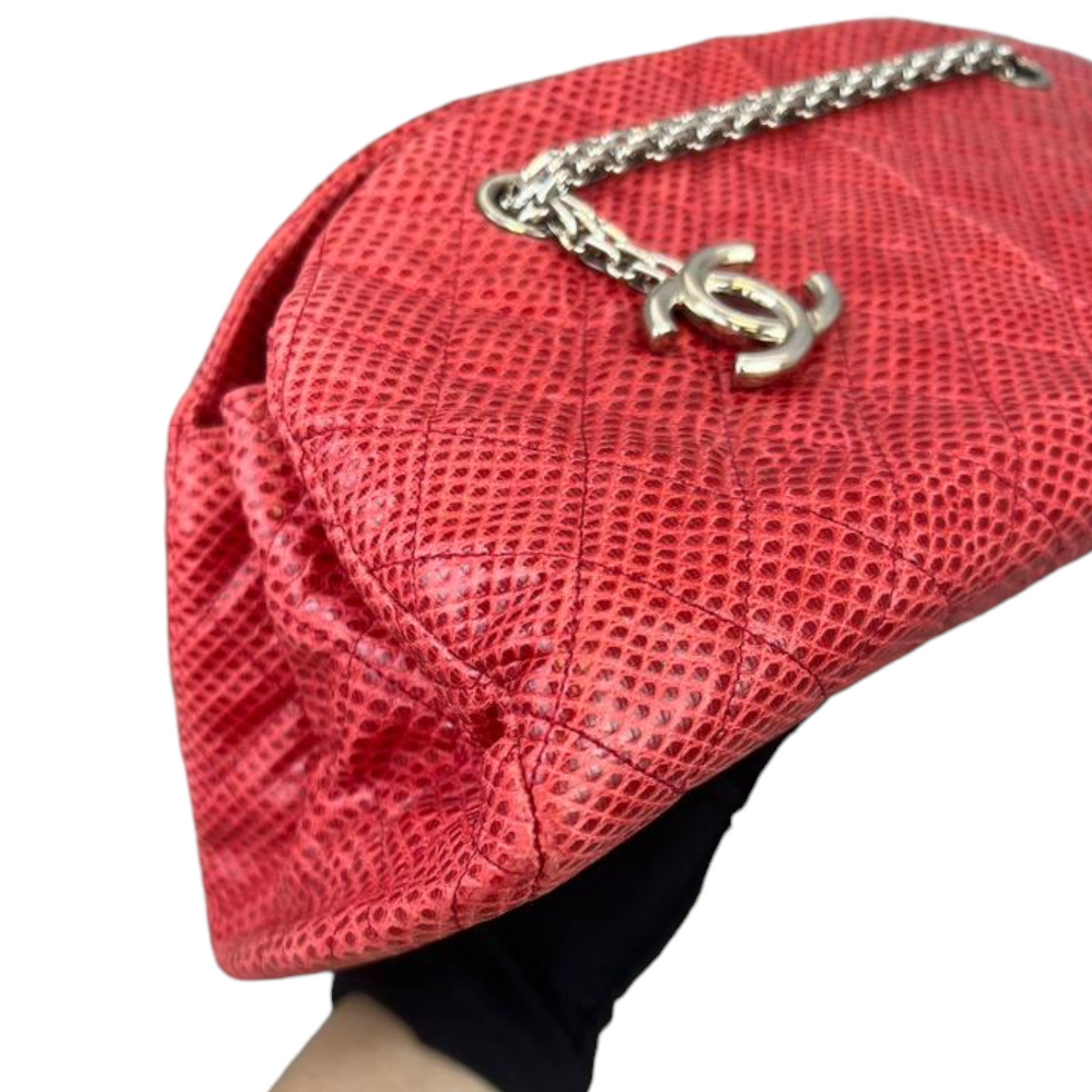 Lizard Quilted Medium Mademoiselle Bowling Bag Red