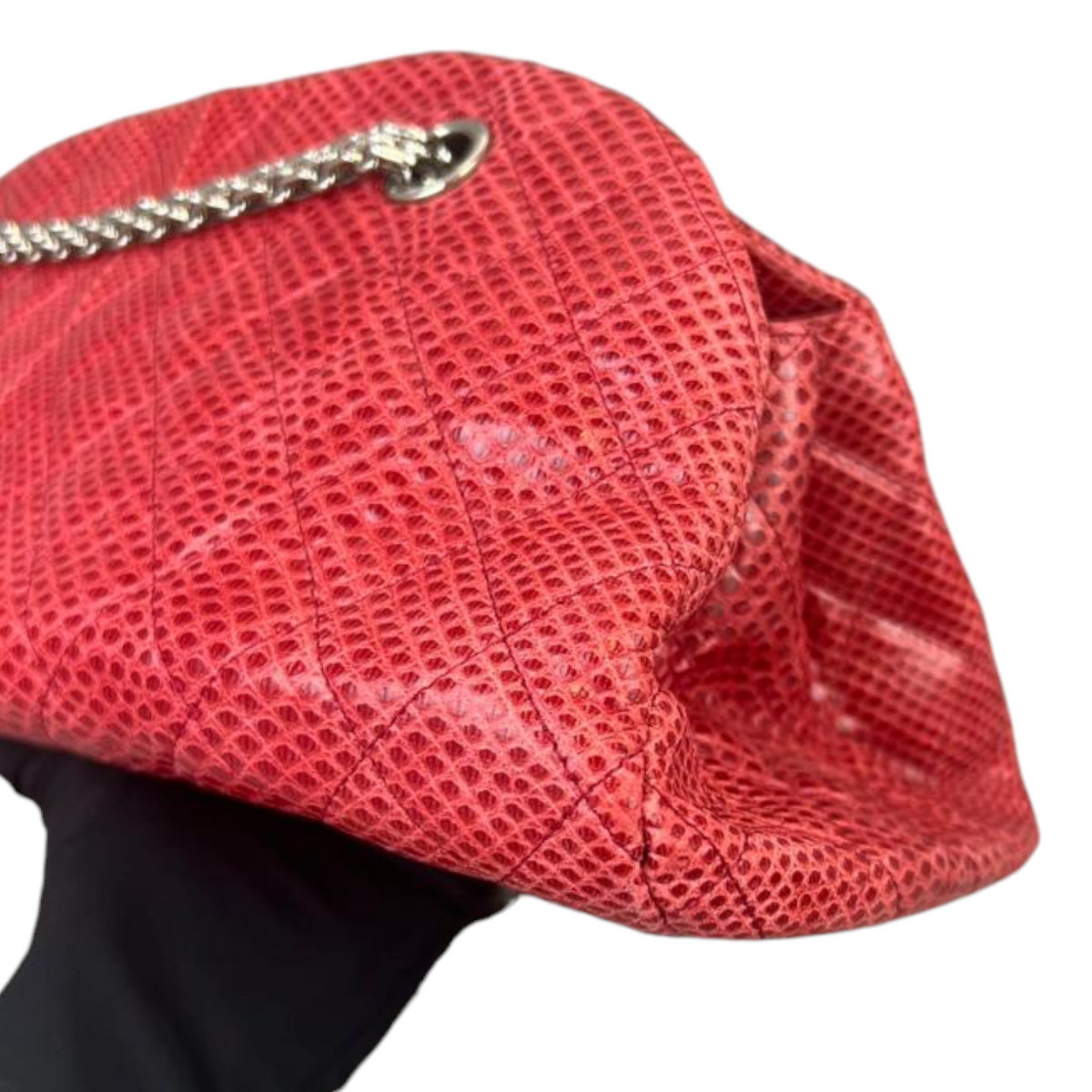 Lizard Quilted Medium Mademoiselle Bowling Bag Red