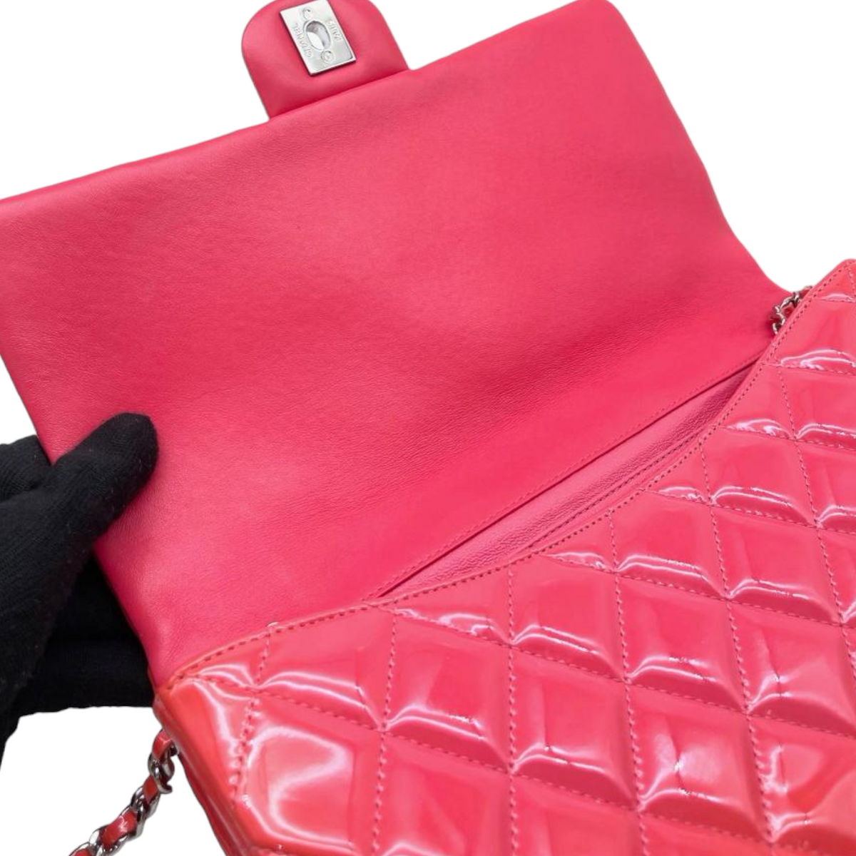 Patent Quilted Clutch with Chain Flap Coral SHW