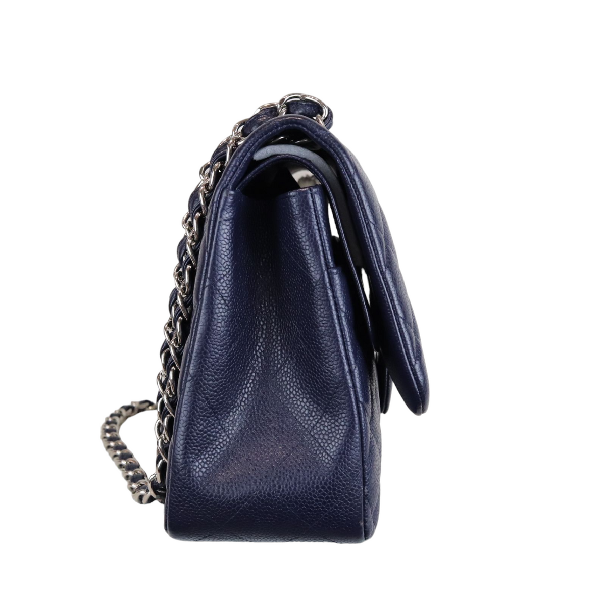 Caviar Quilted Jumbo Double Flap Dark Blue SHW