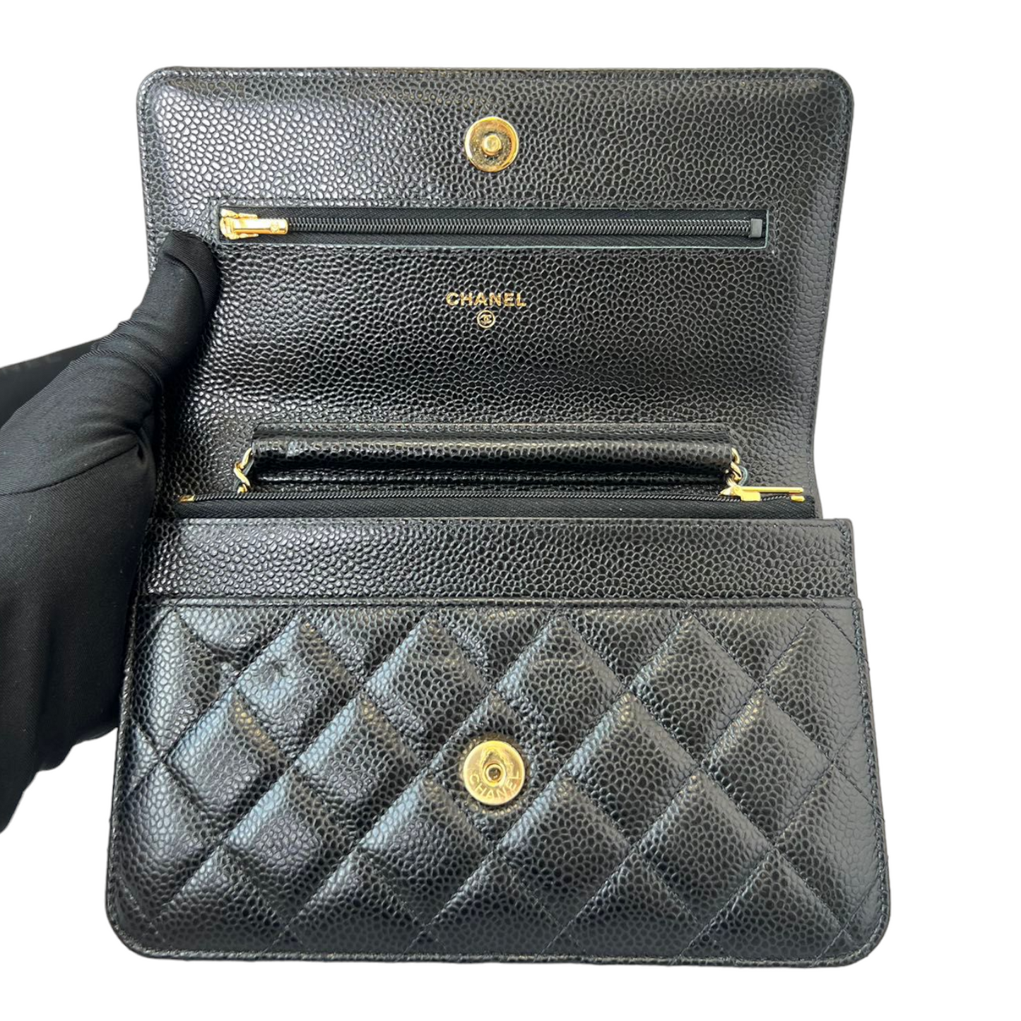 Caviar Quilted Wallet on Chain WOC Black GHW