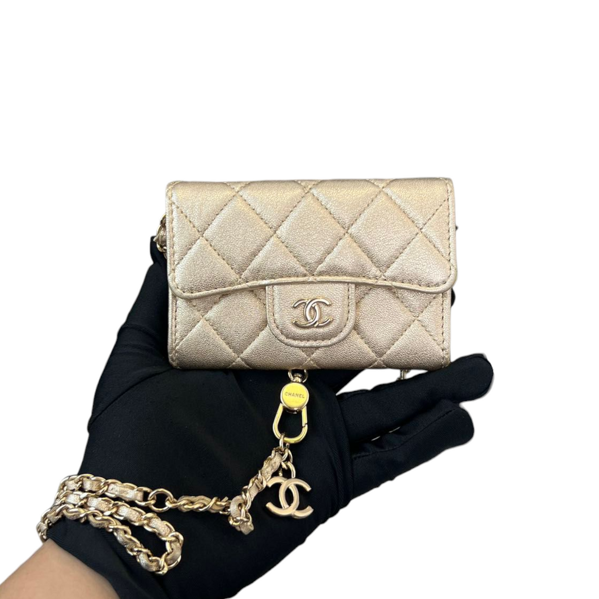 Lambskin Quilted Flap  Holder With Belt Champagne GHW