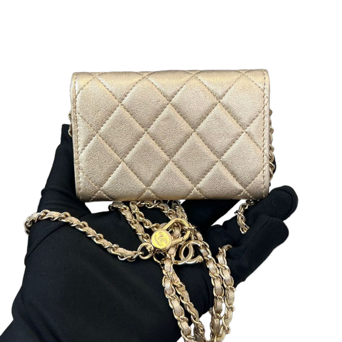 Lambskin Quilted Flap  Holder With Belt Champagne GHW