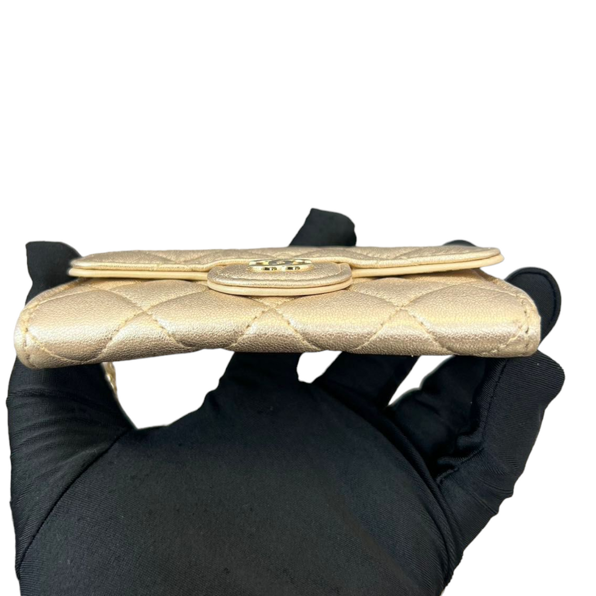 Lambskin Quilted Flap  Holder With Belt Champagne GHW