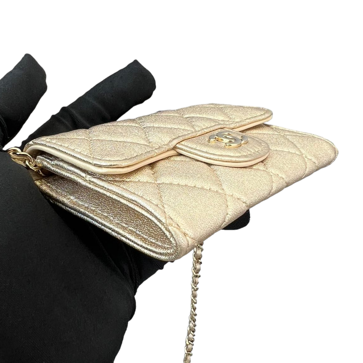 Lambskin Quilted Flap  Holder With Belt Champagne GHW