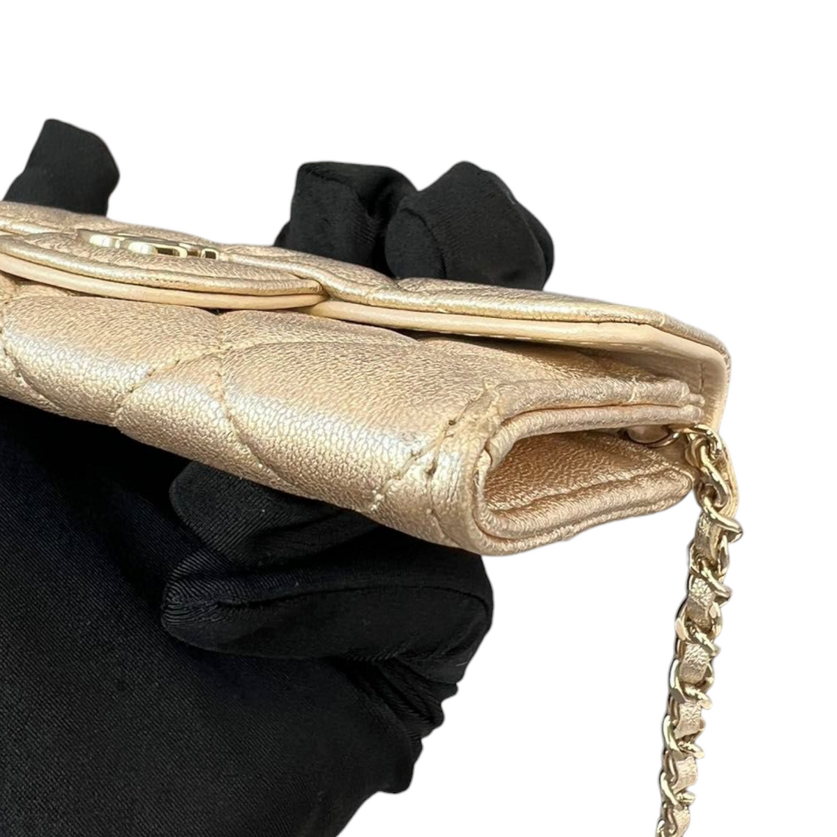 Lambskin Quilted Flap  Holder With Belt Champagne GHW