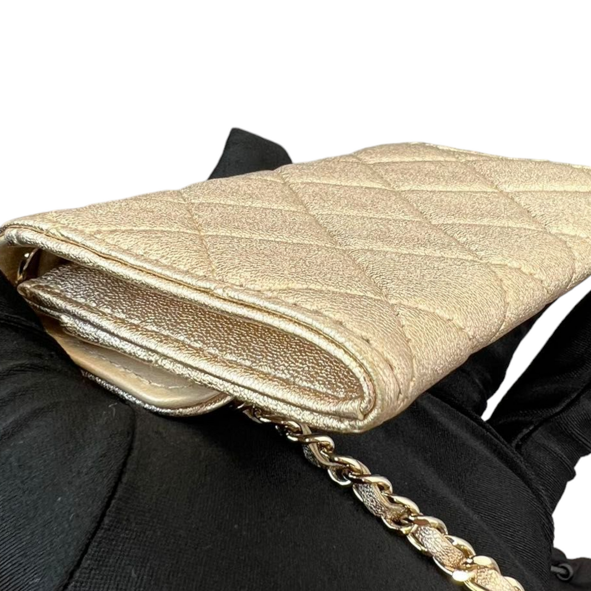 Lambskin Quilted Flap  Holder With Belt Champagne GHW