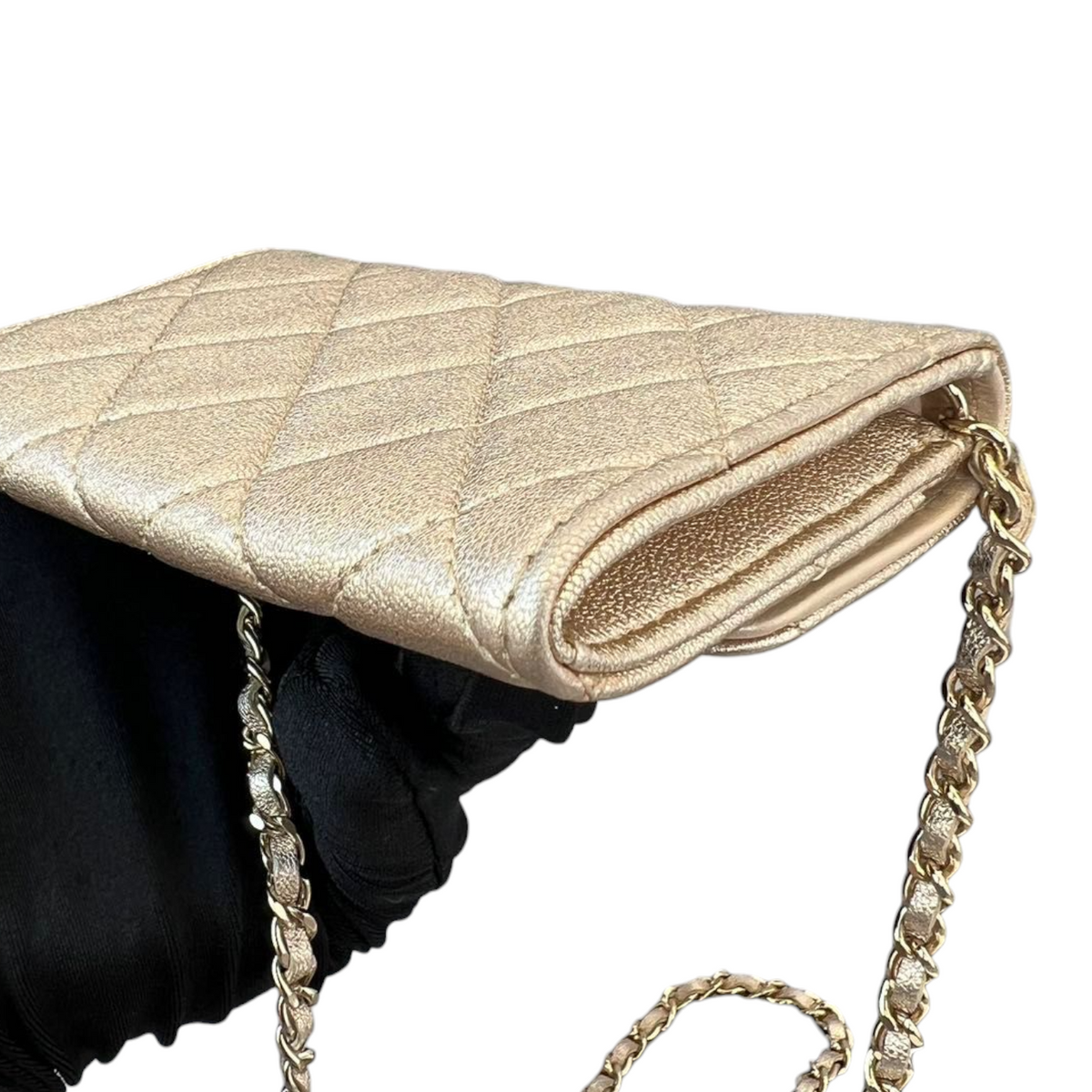 Lambskin Quilted Flap  Holder With Belt Champagne GHW