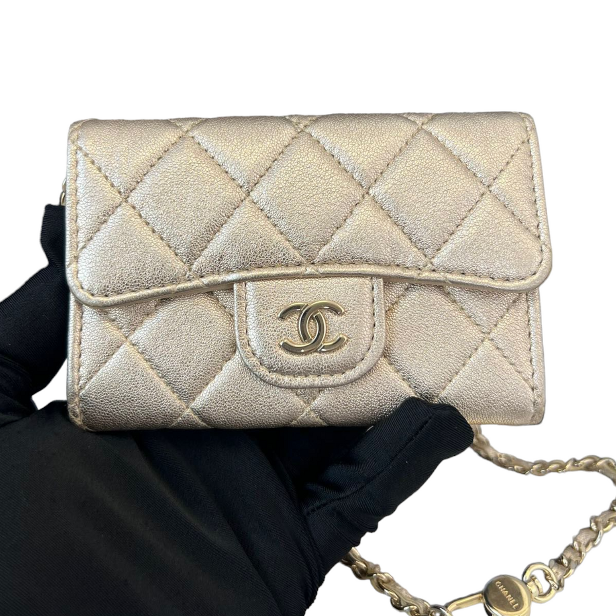 Lambskin Quilted Flap  Holder With Belt Champagne GHW