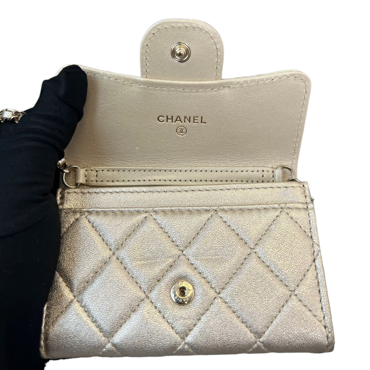 Lambskin Quilted Flap  Holder With Belt Champagne GHW