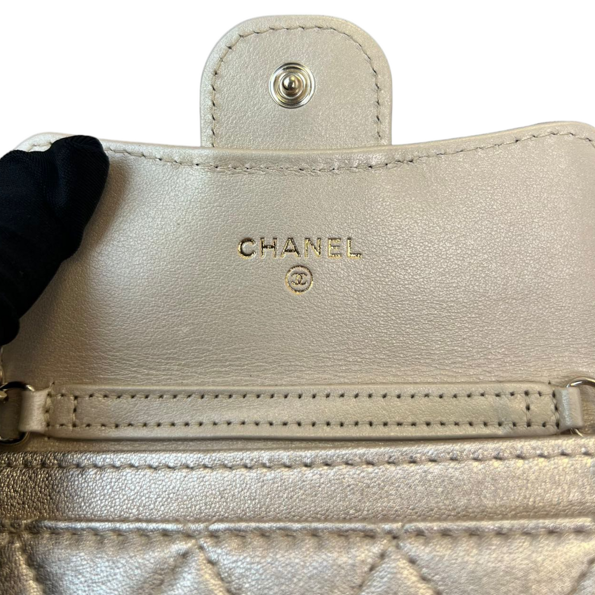 Lambskin Quilted Flap  Holder With Belt Champagne GHW