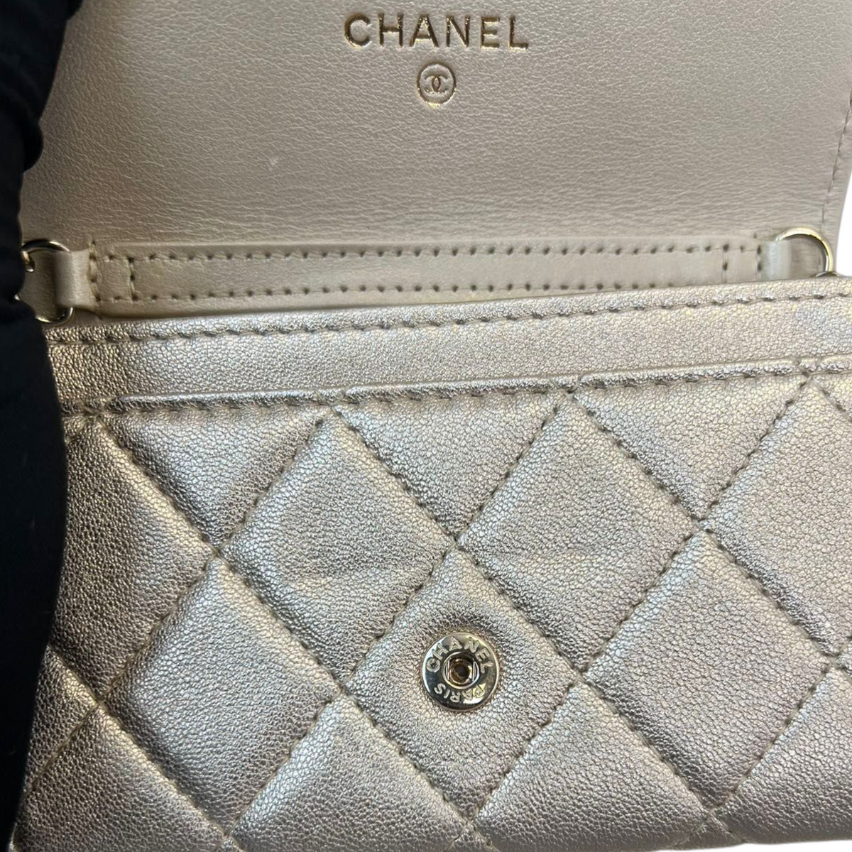Lambskin Quilted Flap  Holder With Belt Champagne GHW