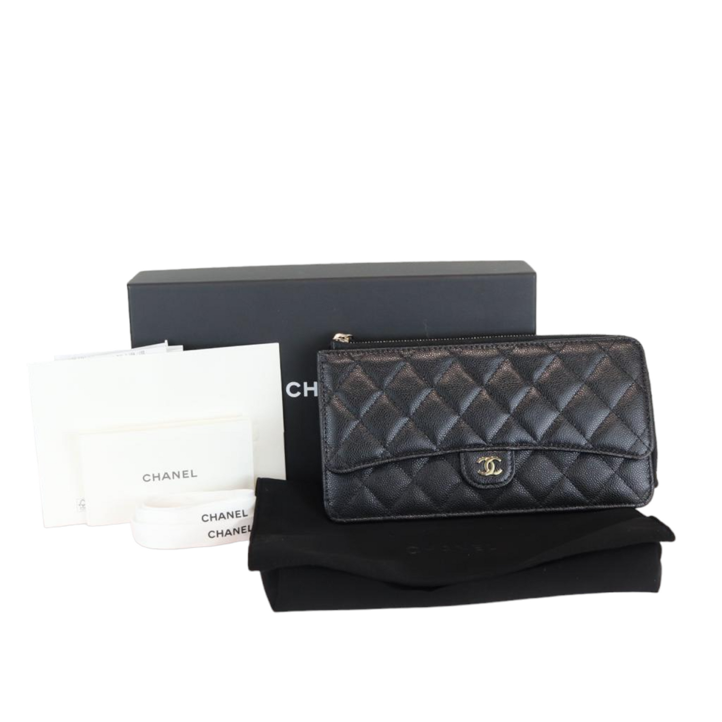 Caviar Quilted Long Flap Wallet With Top Zipper Black GHW