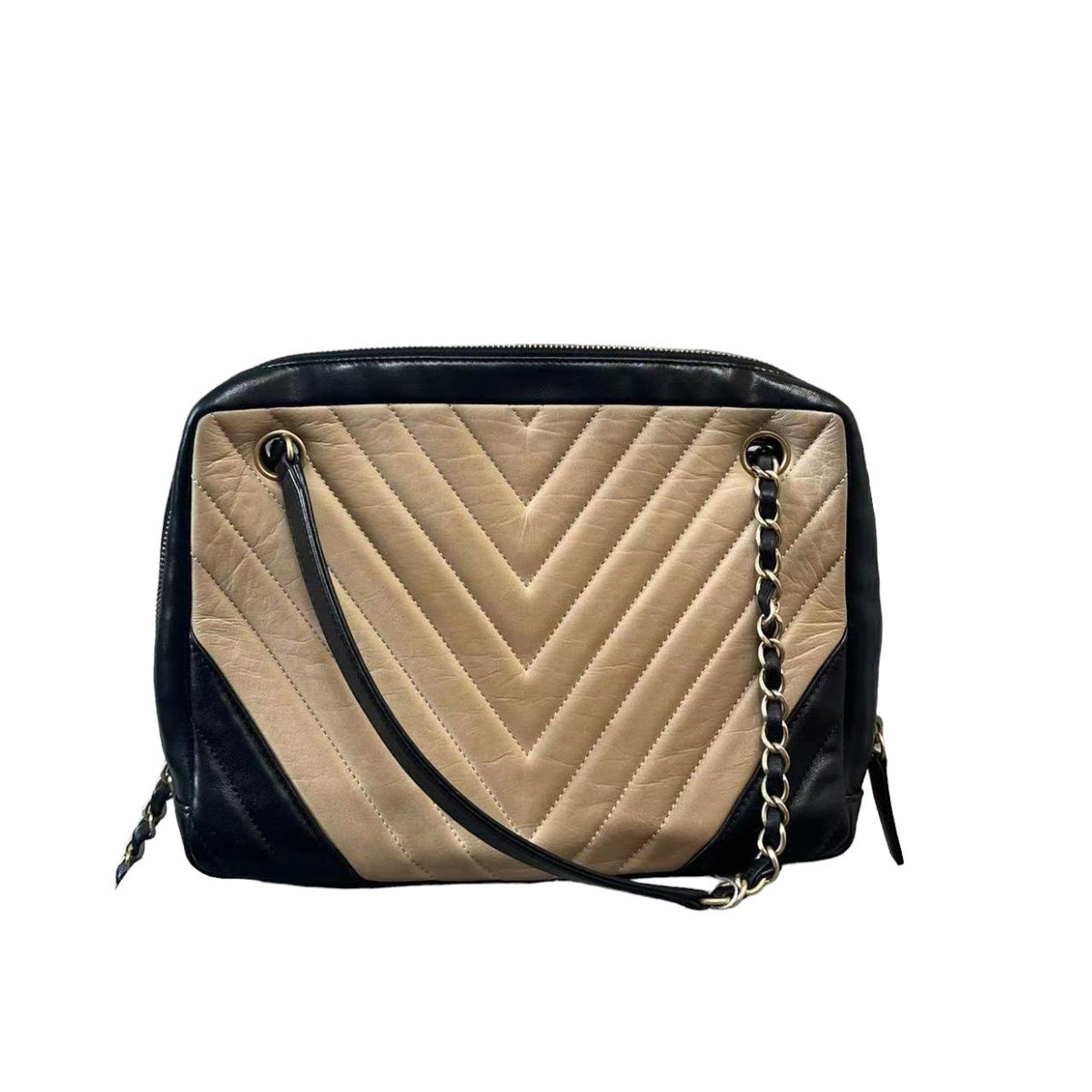 Camera Bag Lambskin Chevron Beige Black GHW