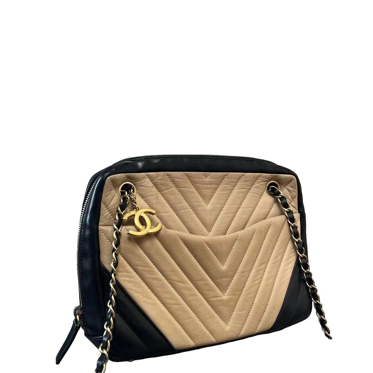 Camera Bag Lambskin Chevron Beige Black GHW