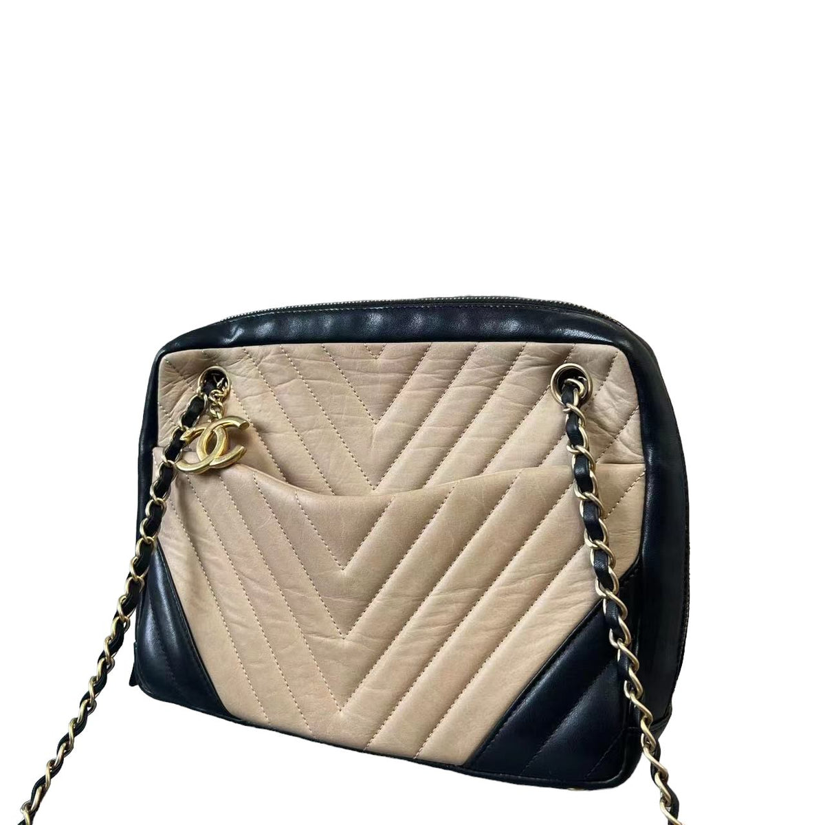 Camera Bag Lambskin Chevron Beige Black GHW
