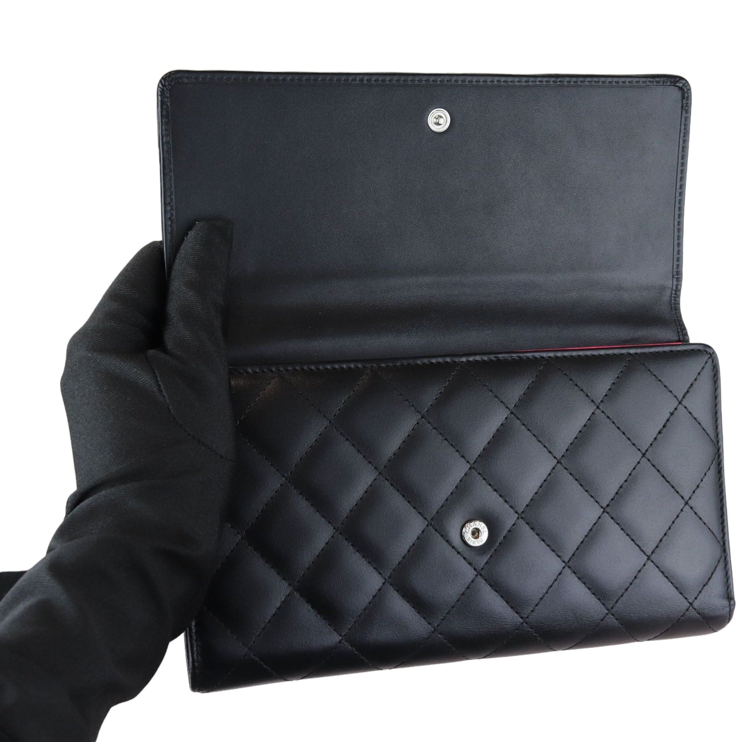 Cambon Gusset Flap Wallet Calfskin Quilted Black SHW