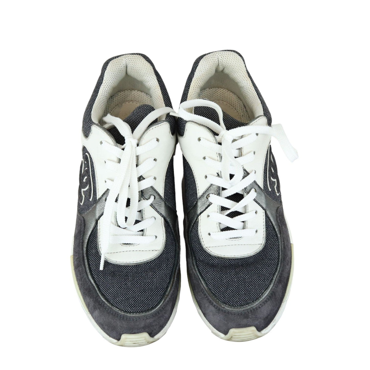 CC Logo Lace Up Sneakers Suede Leather Black White Size 38