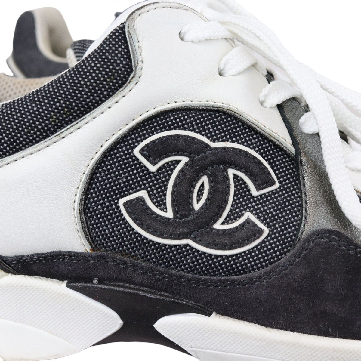 CC Logo Lace Up Sneakers Suede Leather Black White Size 38