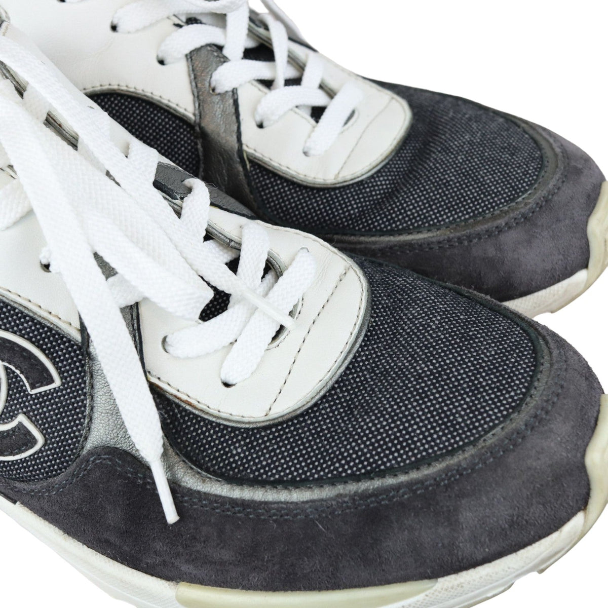CC Logo Lace Up Sneakers Suede Leather Black White Size 38