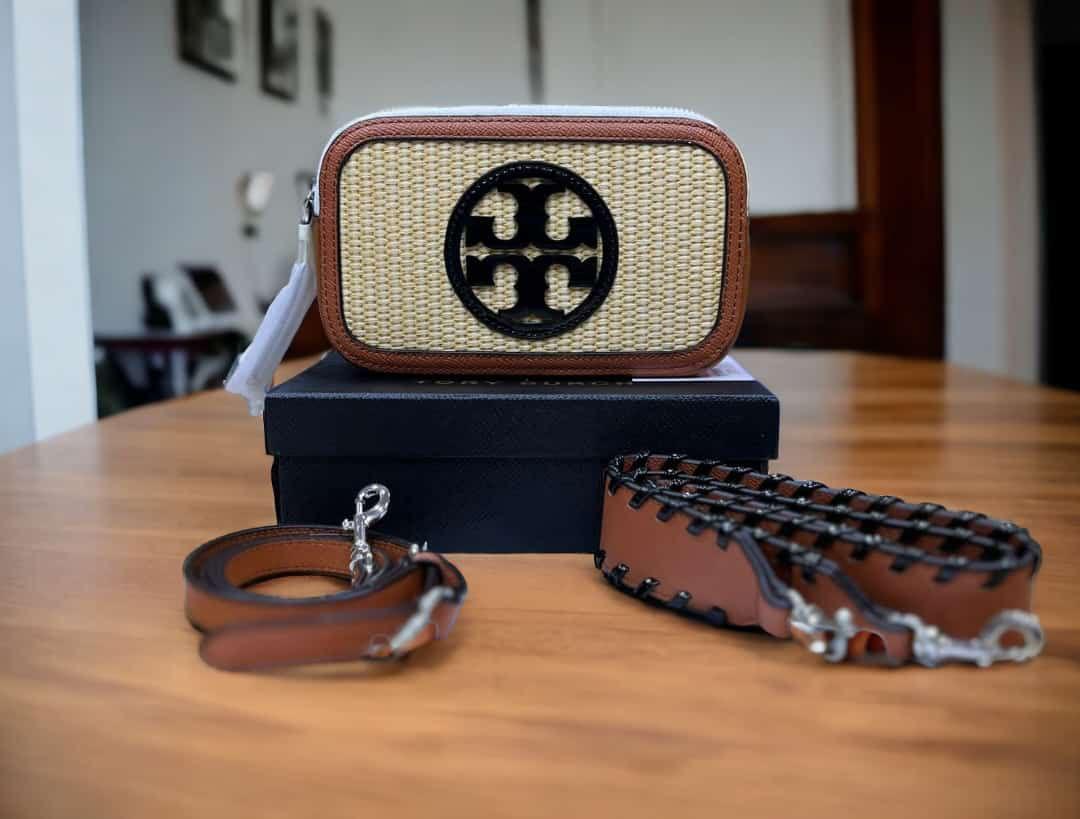 Tory Burch Mini Miller Raffia Crossbody Women Bag (Brown/White/Black)