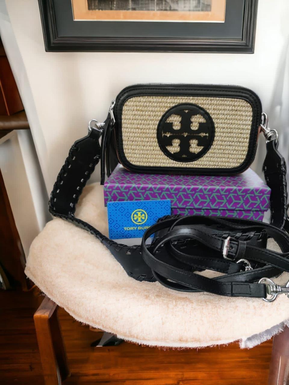 Tory Burch Mini Miller Raffia Crossbody Women Bag (Brown/Black)