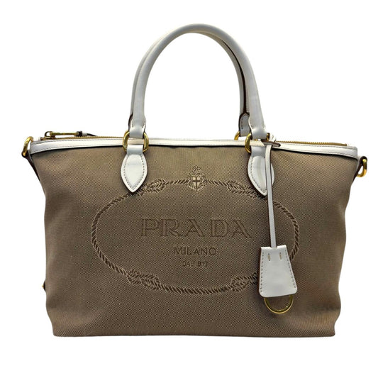 Prada Beige Leather Logo Embossed Zip Tote