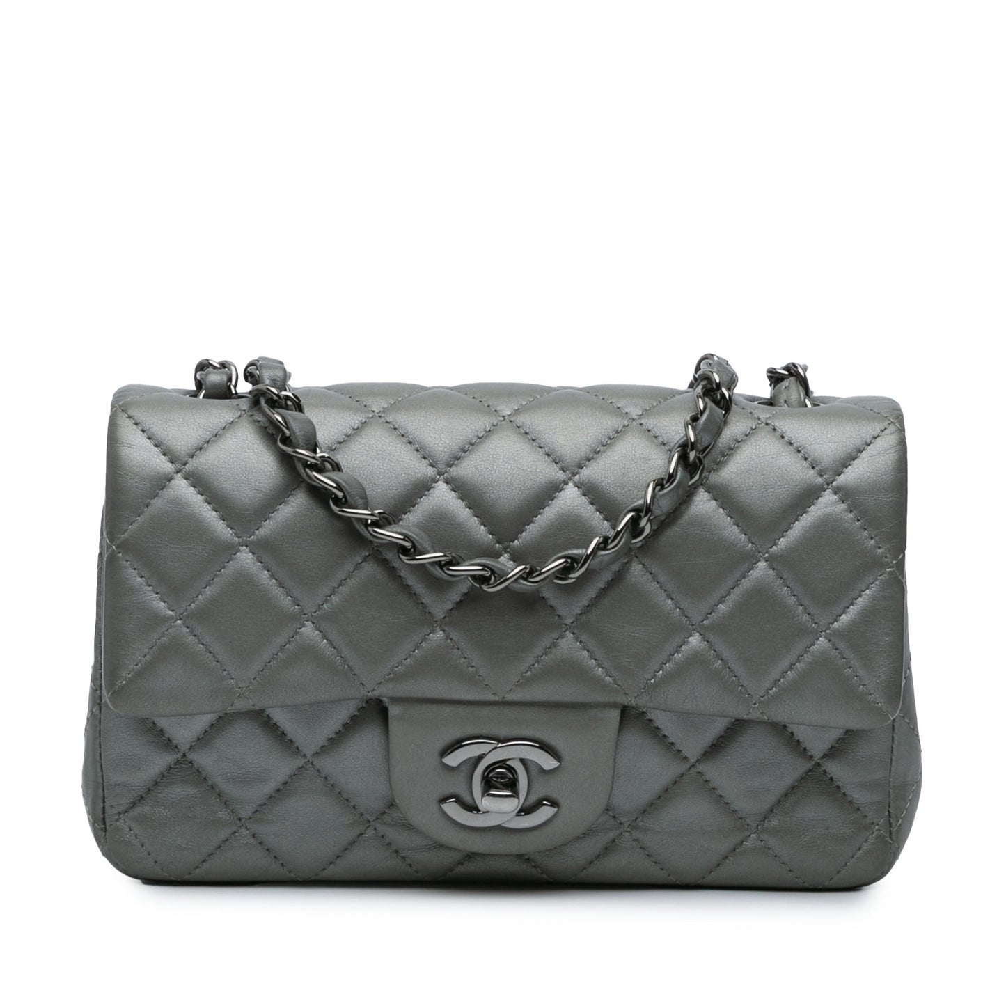 Silver Chanel Mini Rectangular Classic Lambskin Single Flap Crossbody Bag