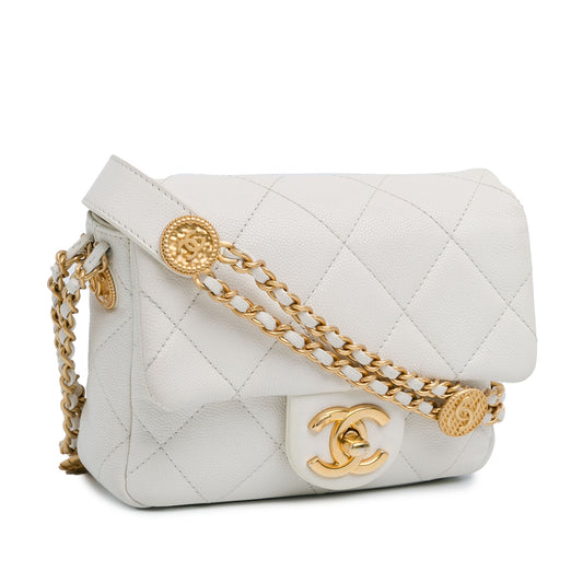 White Chanel Mini Caviar Twist Your Buttons Flap Crossbody Bag