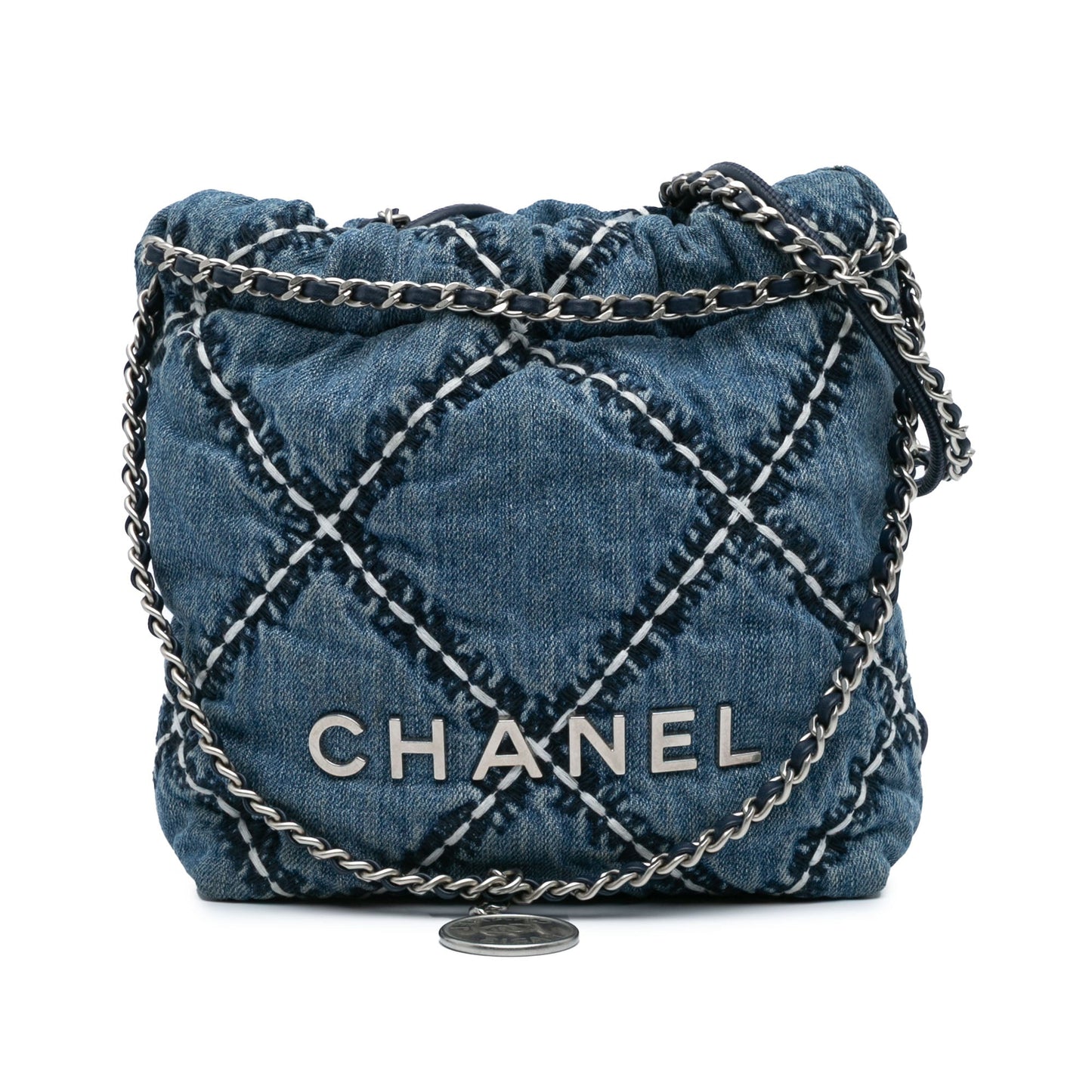 Blue Chanel Mini Denim Stitched 22 Handbag Satchel