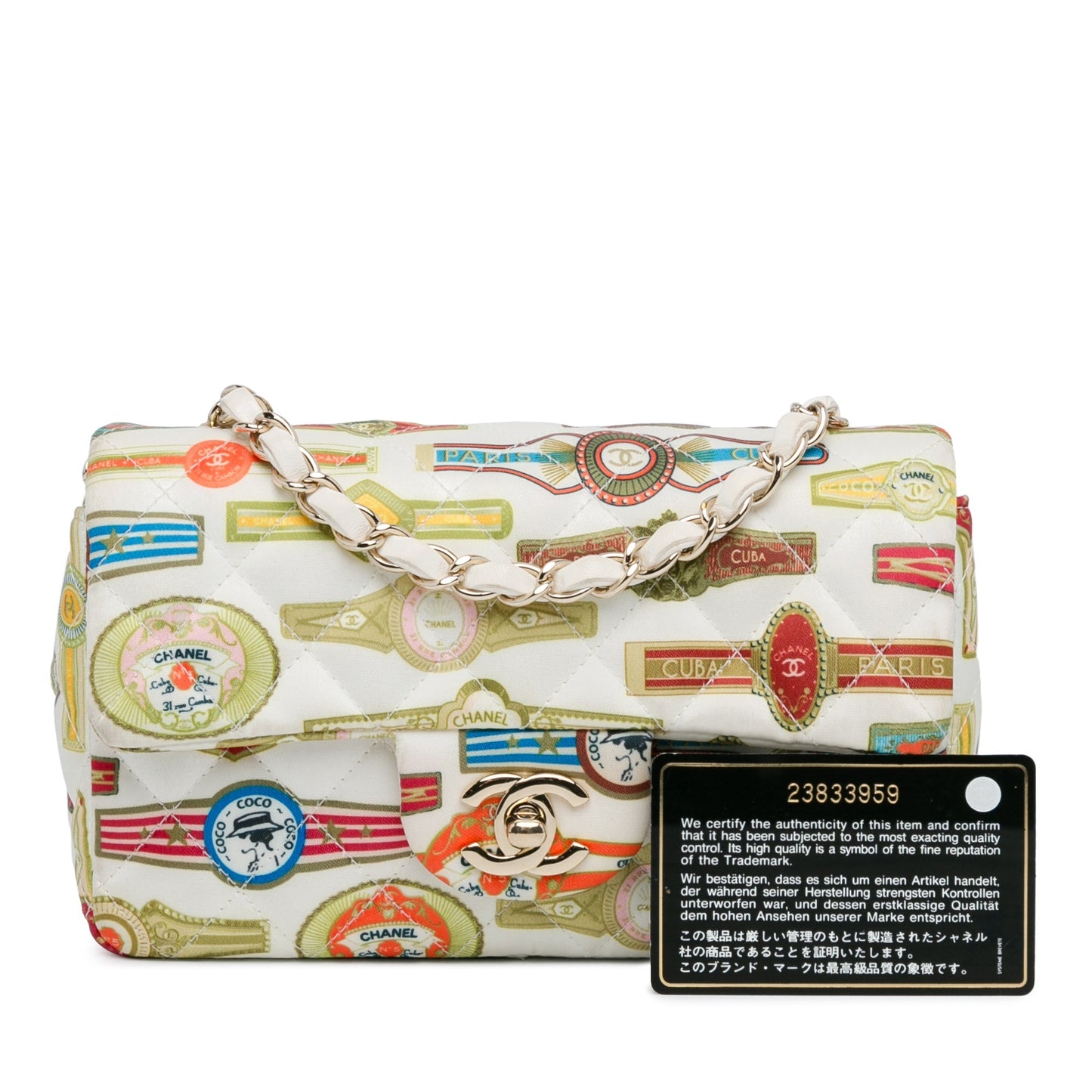 White Chanel Mini Rectangular Classic Printed Satin Cuba Single Flap Crossbody Bag