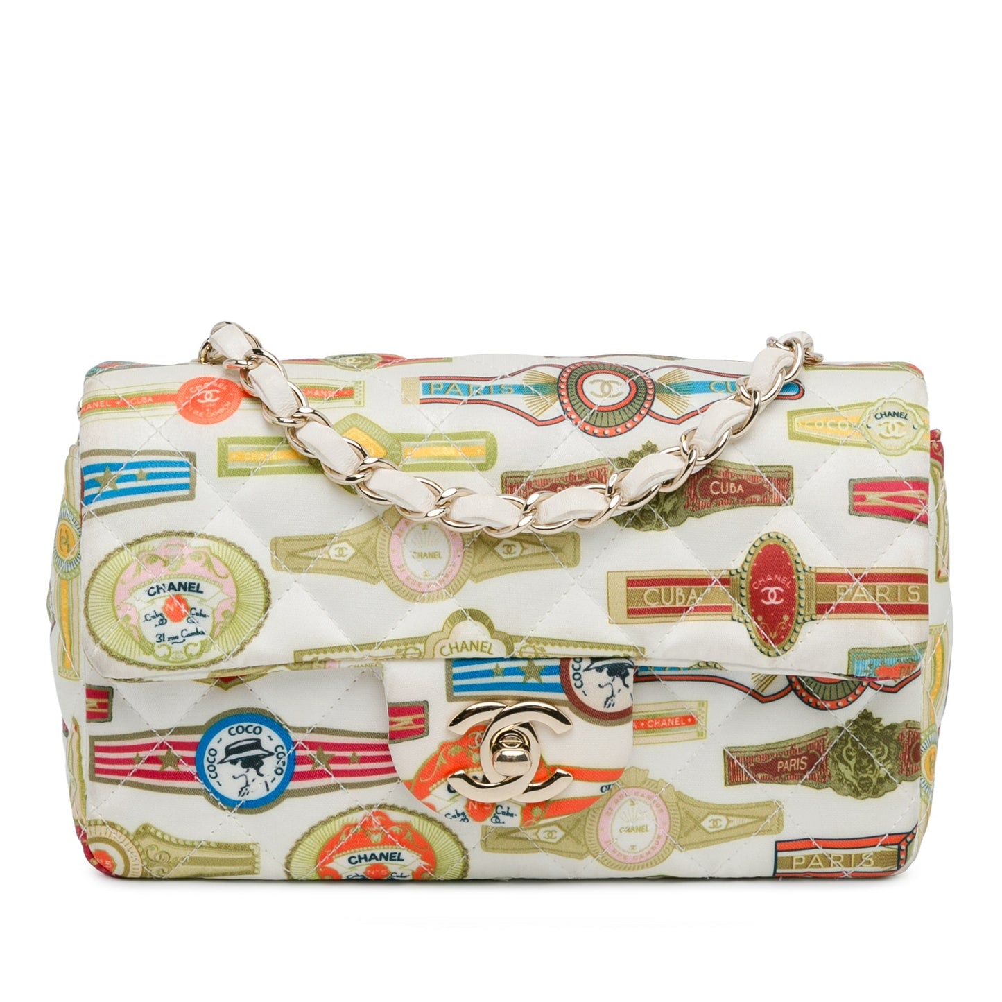 White Chanel Mini Rectangular Classic Printed Satin Cuba Single Flap Crossbody Bag