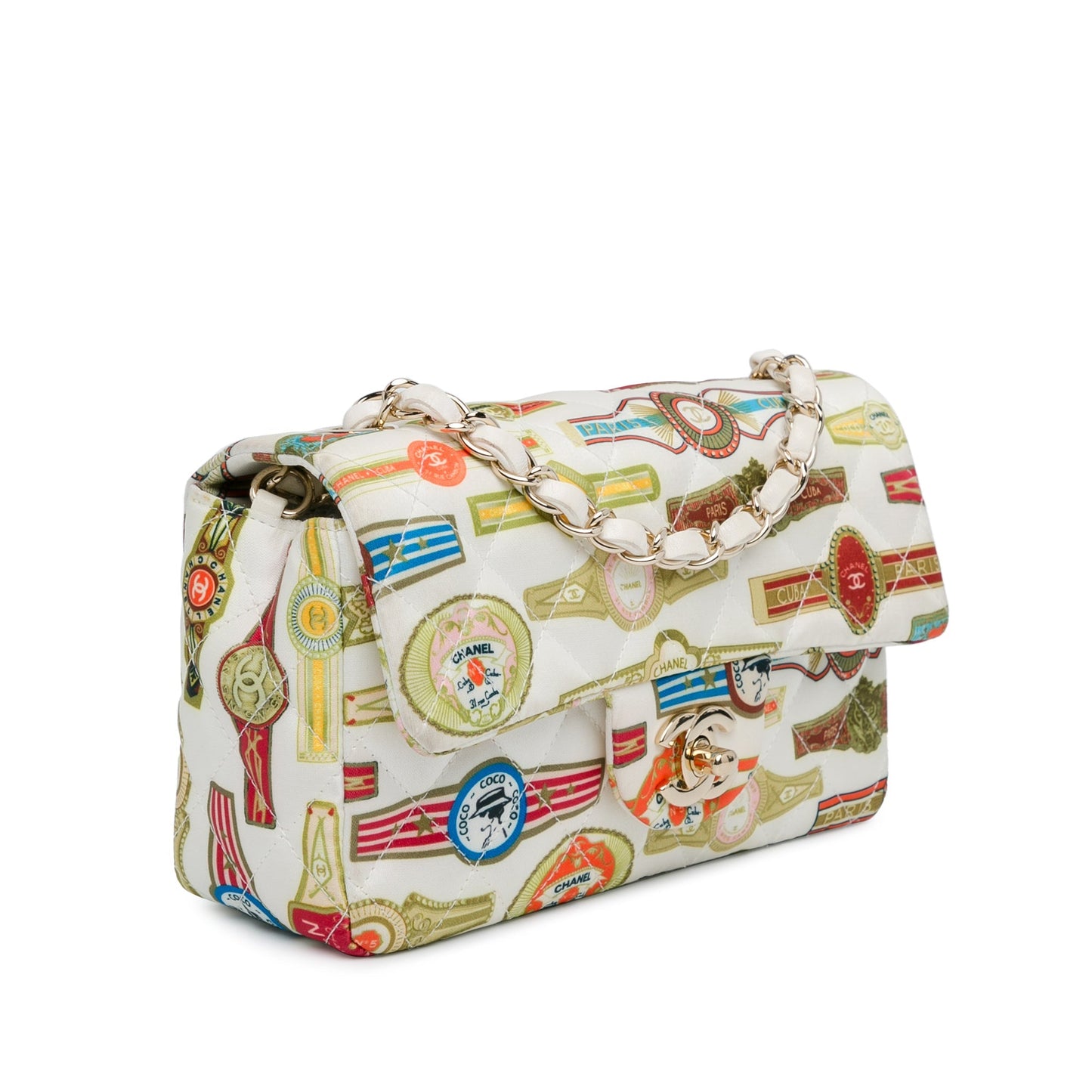 White Chanel Mini Rectangular Classic Printed Satin Cuba Single Flap Crossbody Bag