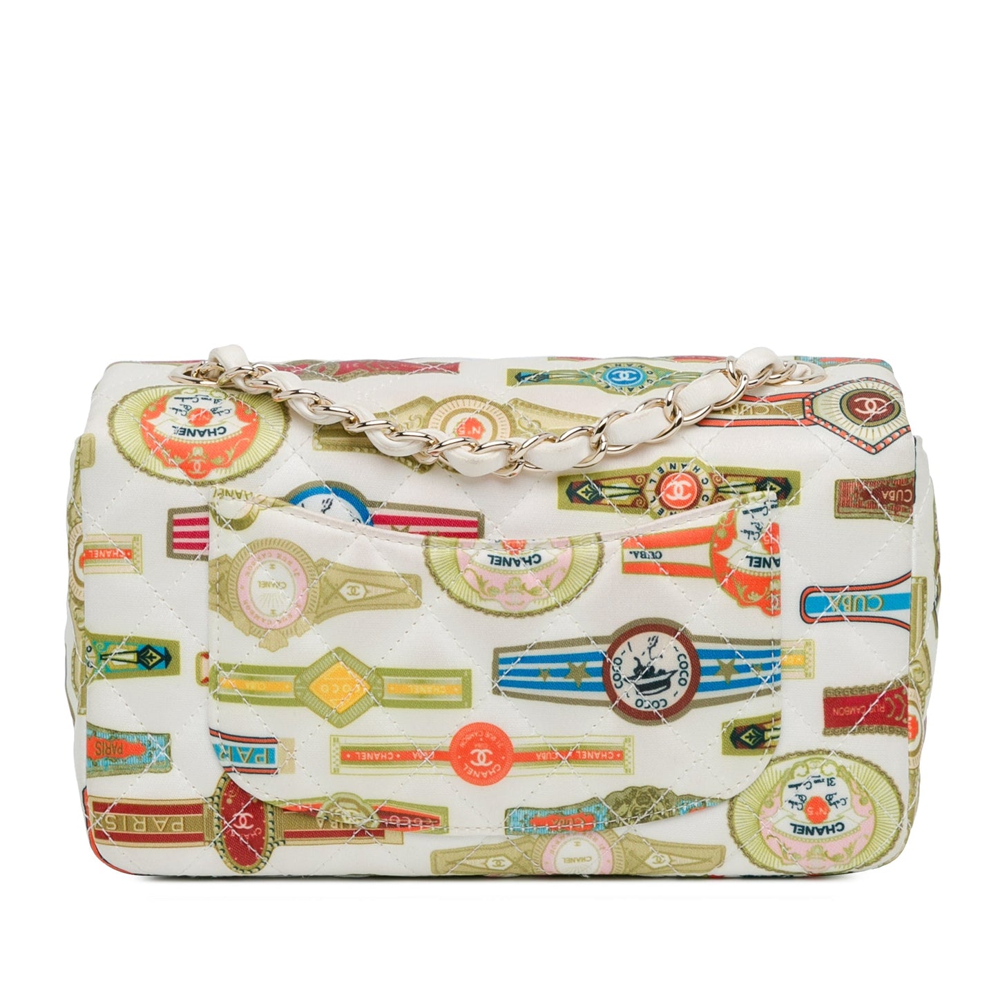 White Chanel Mini Rectangular Classic Printed Satin Cuba Single Flap Crossbody Bag