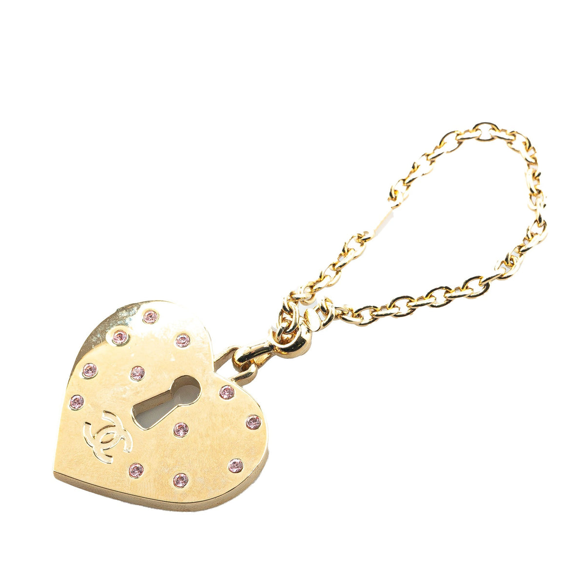 Gold Chanel Gold Plated Rhinestone CC Heart Charm Key Chain