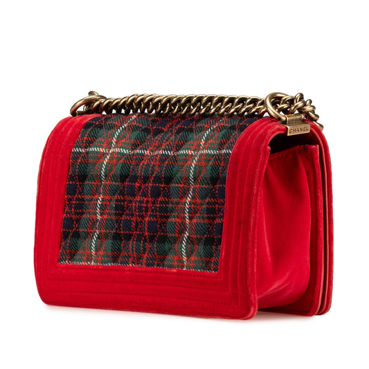 Red Chanel Medium Velvet and Tweed Boy Flap Crossbody Bag