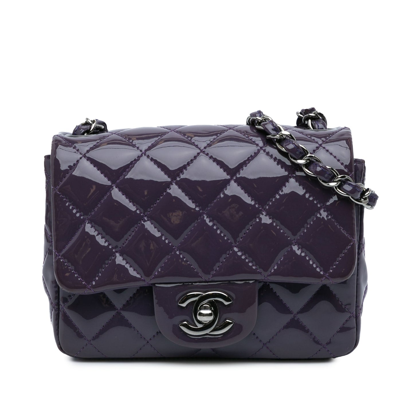 Purple Chanel Mini Square Classic Patent Single Flap Crossbody Bag