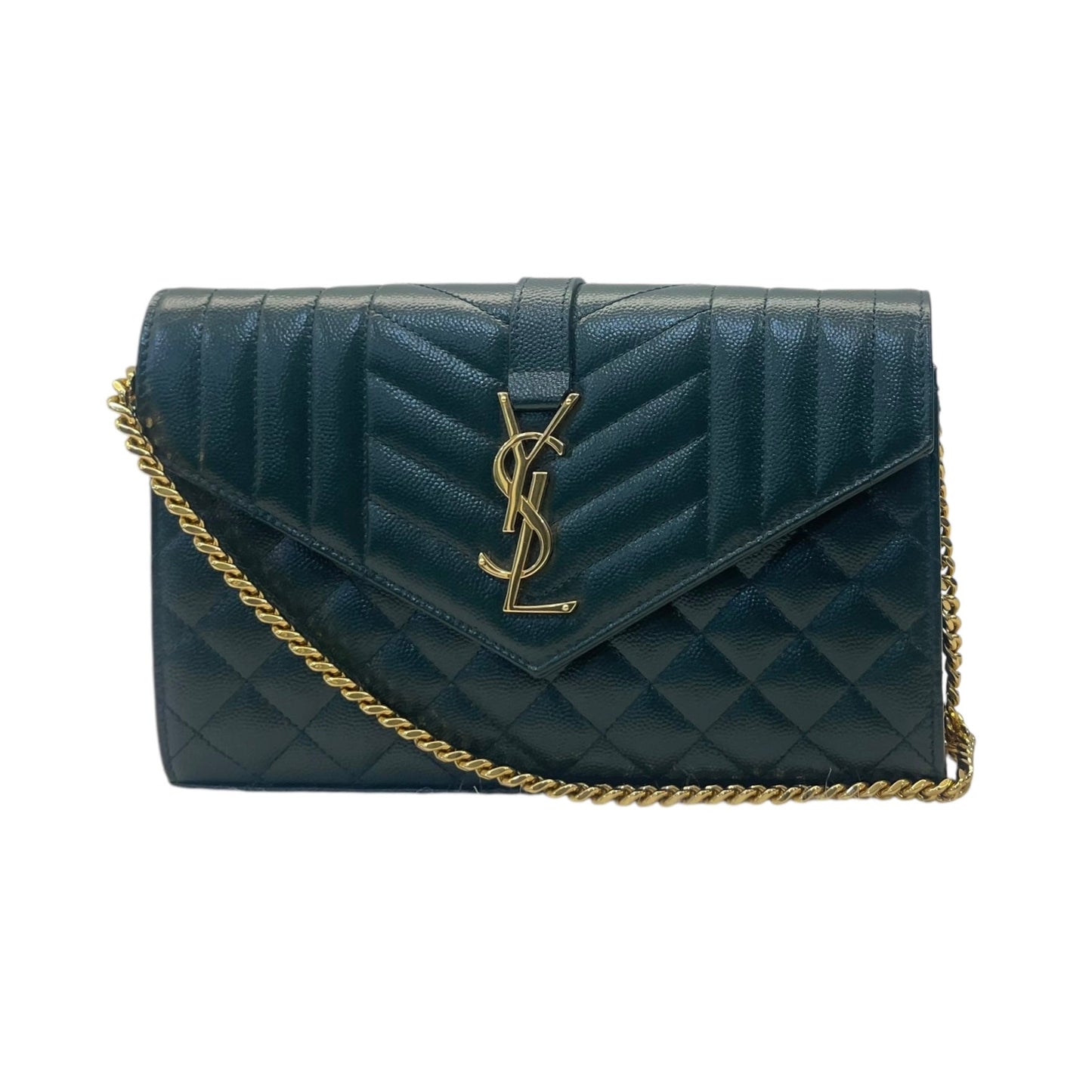 Yves Saint Laurent Dark Green Chevron Quilted Leather Envelope Flap Bag