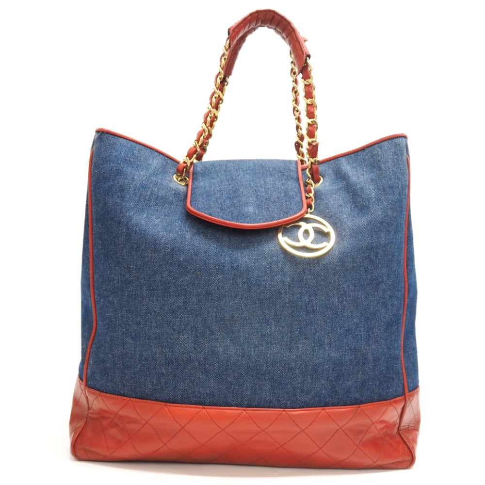 CHANEL Tote Bag Denim, Leather Navy COCO Mark Matrasse