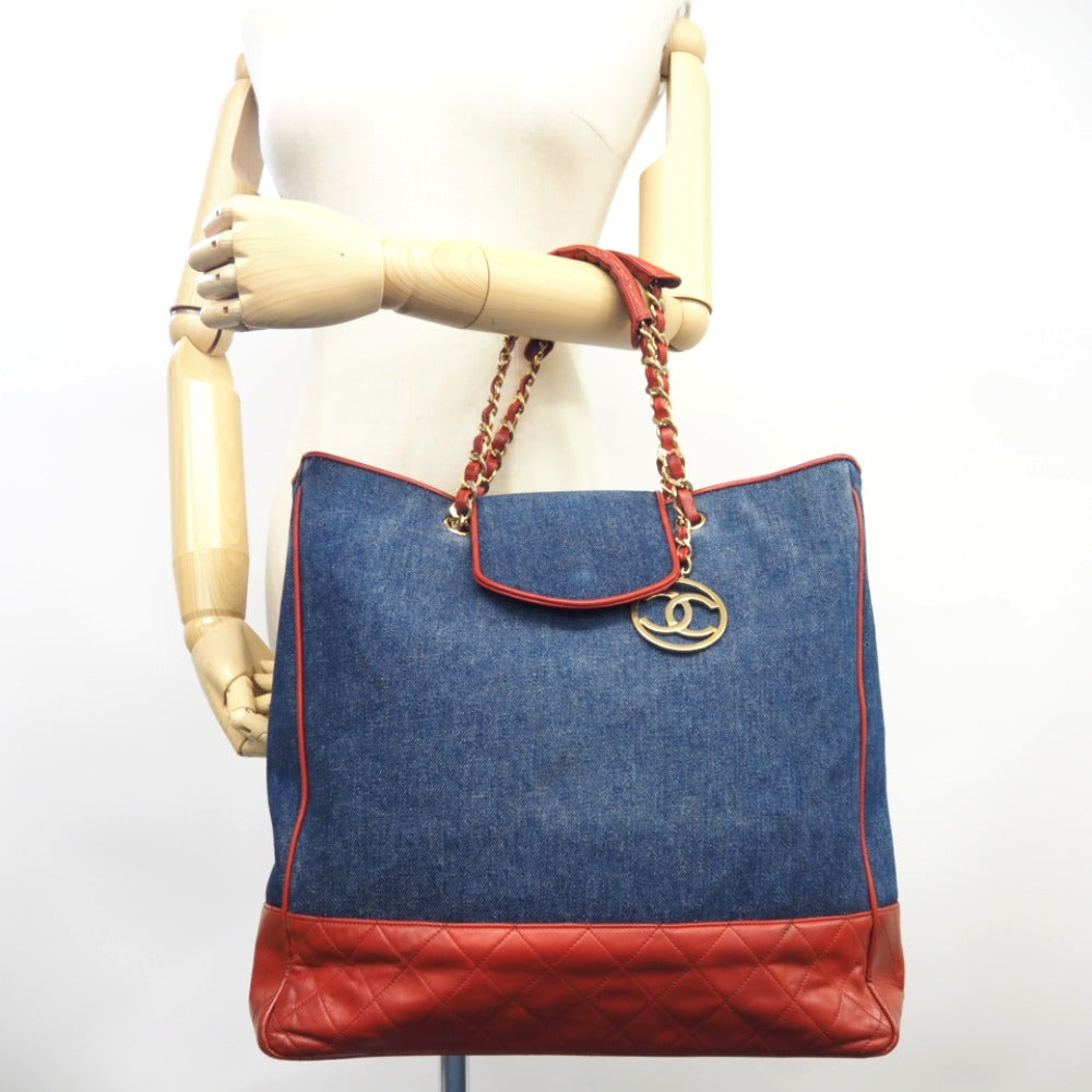 CHANEL Tote Bag Denim, Leather Navy COCO Mark Matrasse