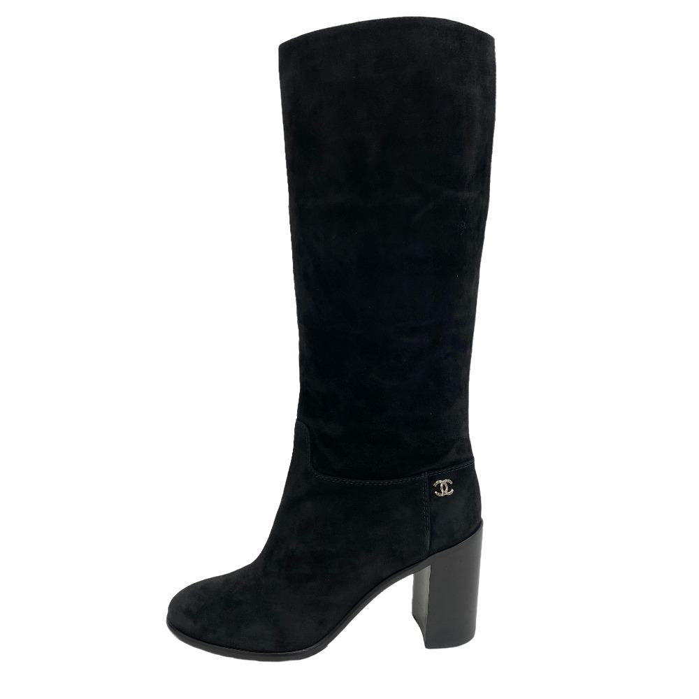 CHANEL boots suede black Knee-high boots COCO Mark Women 37 1/2 Used
